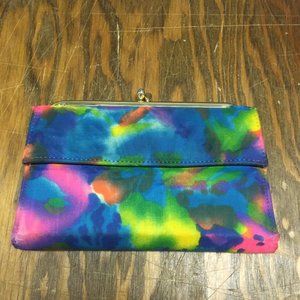 Vintage clutch wallet bright watercolor fabric blue vinyl interior metal closure